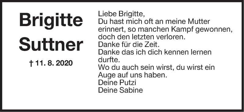  Traueranzeige für Brigitte Suttner vom 19.08.2020 aus Anzeiger für Harlingerland