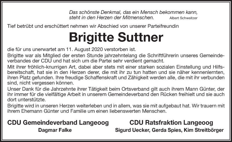  Traueranzeige für Brigitte Suttner vom 15.08.2020 aus Anzeiger für Harlingerland