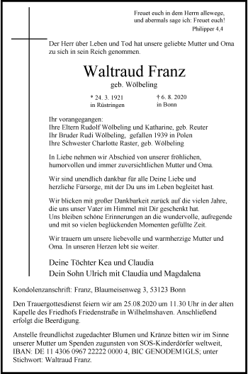Traueranzeige von Waltraud Franz von Wilhelmshavener Zeitung