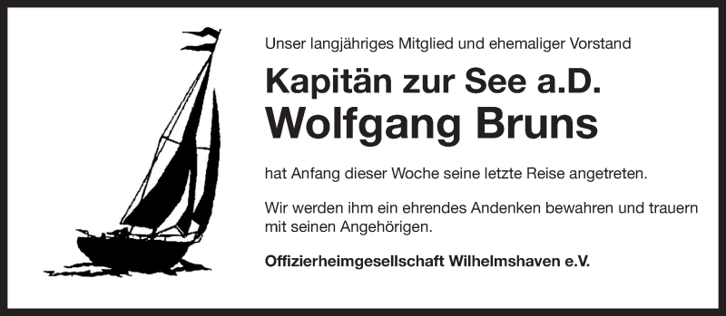  Traueranzeige für Wolfgang Bruns vom 08.08.2020 aus Wilhelmshavener Zeitung