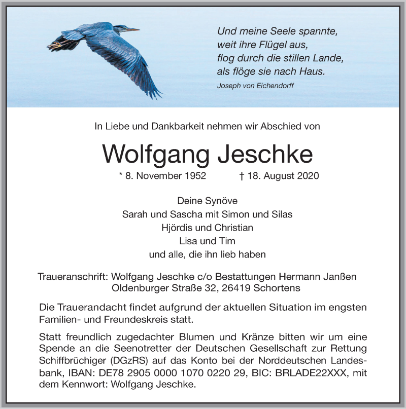 Traueranzeige für Wolfgang Jeschke vom 22.08.2020 aus Anzeiger für Harlingerland