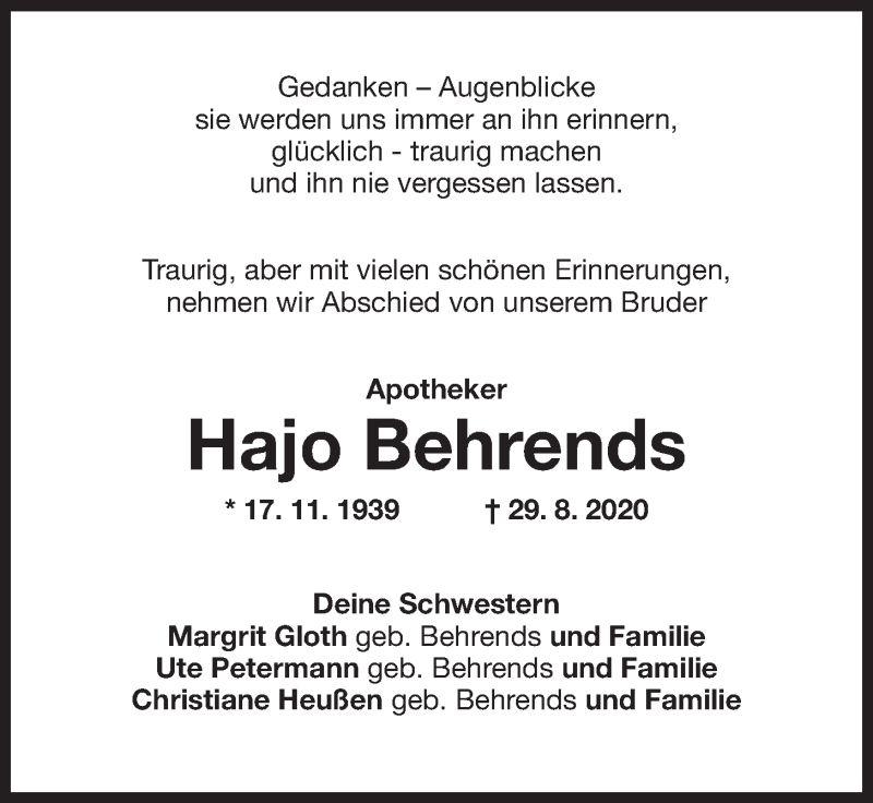  Traueranzeige für Hajo Behrends vom 05.09.2020 aus Wilhelmshavener Zeitung