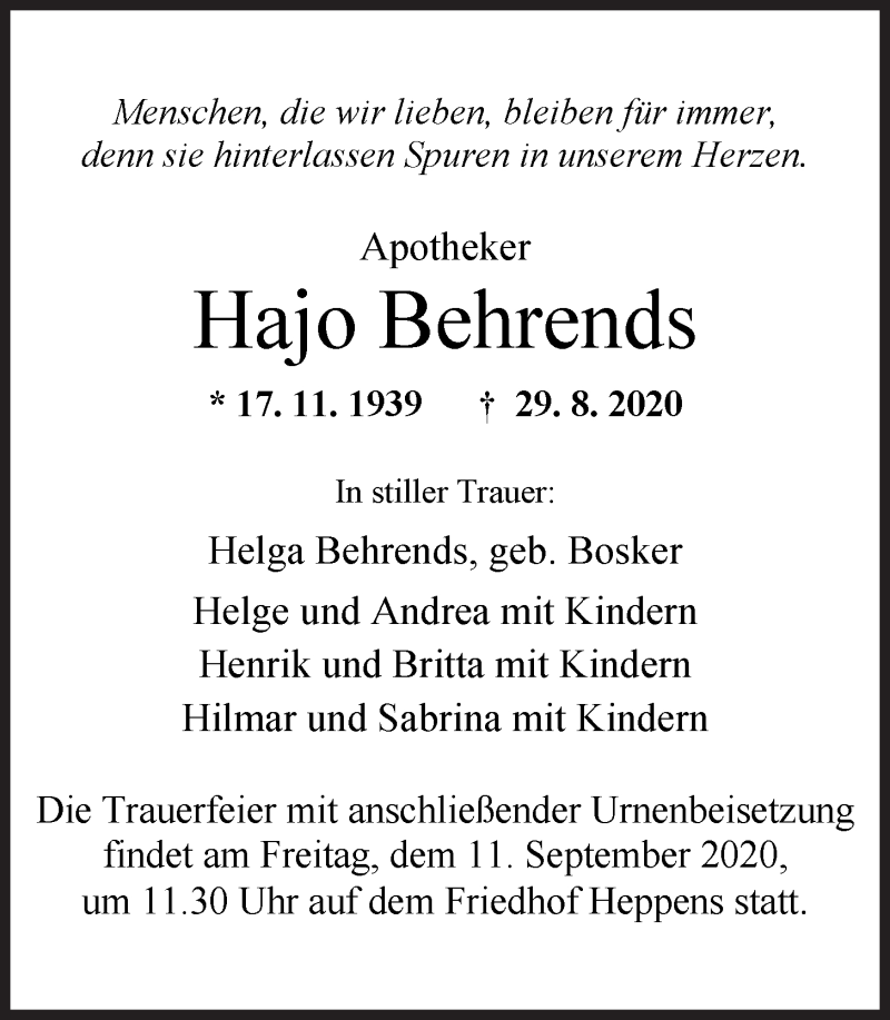  Traueranzeige für Hajo Behrends vom 05.09.2020 aus Wilhelmshavener Zeitung