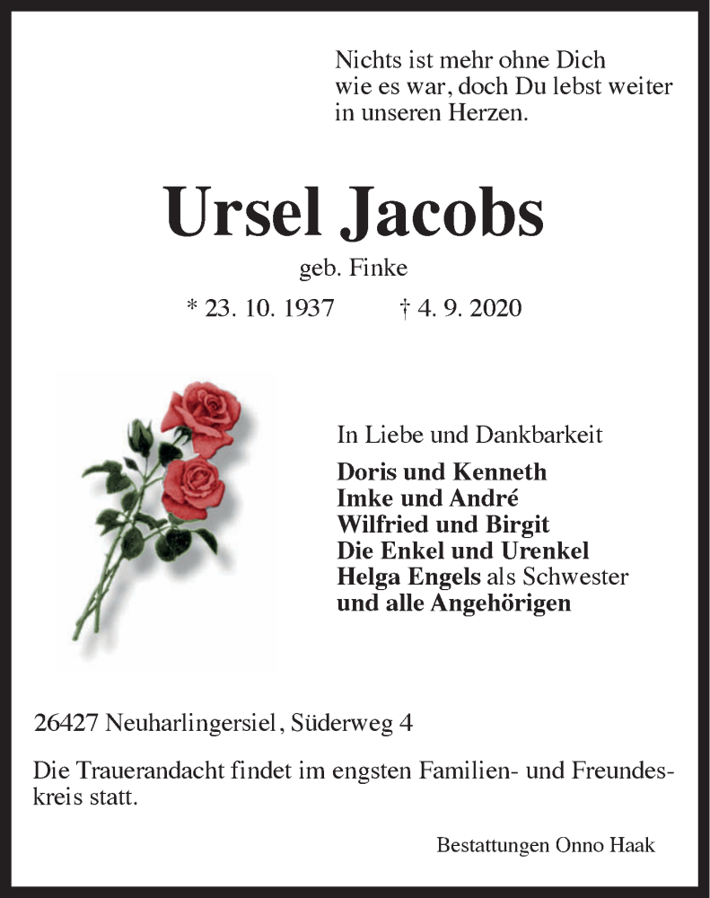 Traueranzeigen Von Ursel Jacobs Nordwest Trauerde 