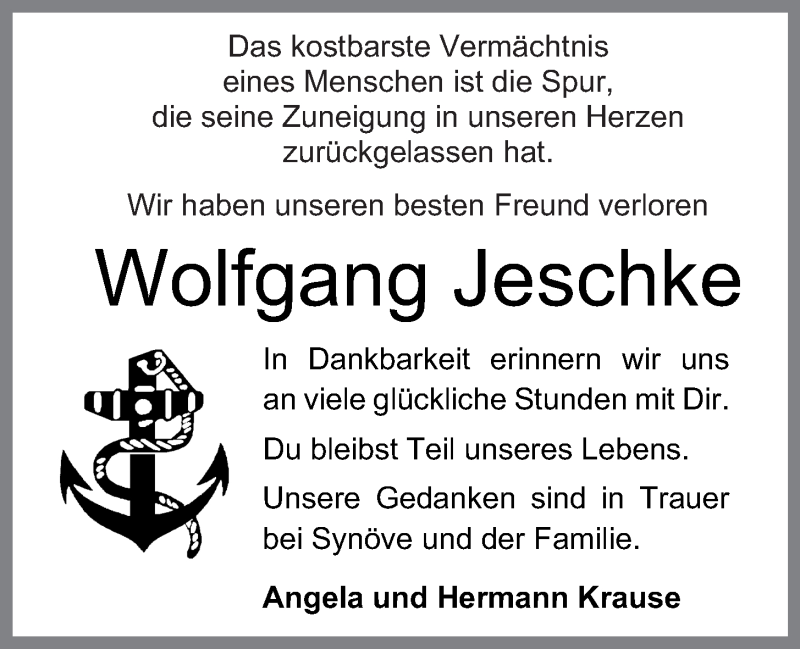  Traueranzeige für Wolfgang Jeschke vom 22.08.2020 aus Wilhelmshavener Zeitung