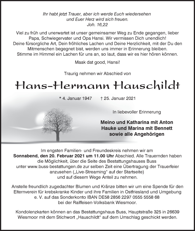  Traueranzeige für Hans-Hermann Hauschildt vom 30.01.2021 aus Anzeiger für Harlingerland