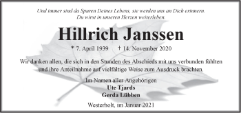 Traueranzeige von Hinrich Janssen von Anzeiger für Harlingerland