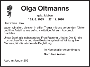 Traueranzeige von Olga Oltmanns von Anzeiger für Harlingerland