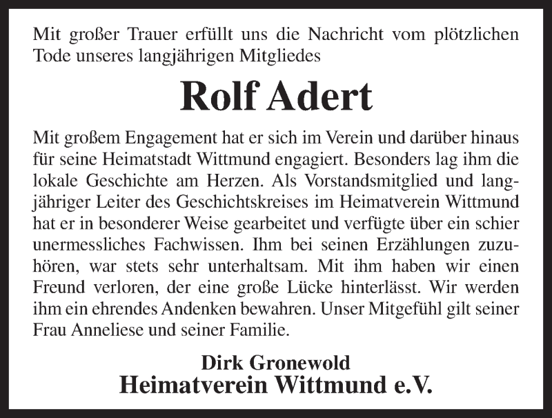  Traueranzeige für Rolf Adert vom 12.01.2021 aus Anzeiger für Harlingerland