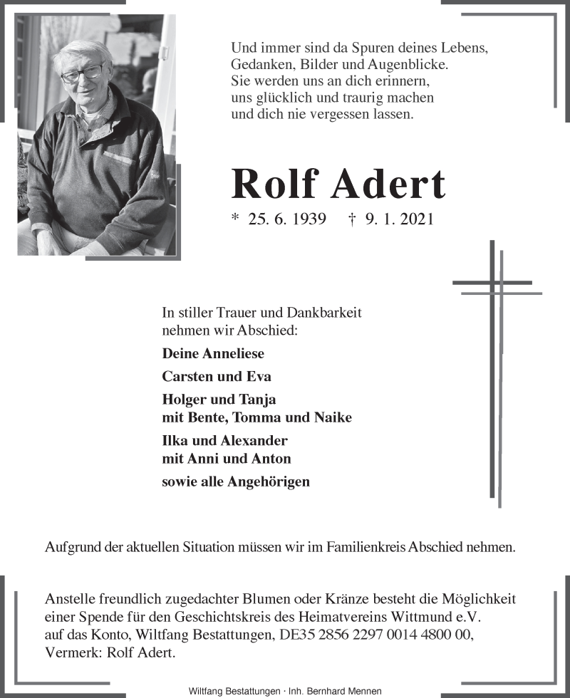  Traueranzeige für Rolf Adert vom 11.01.2021 aus Anzeiger für Harlingerland