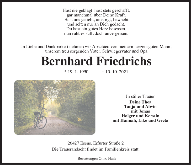  Traueranzeige für Bernhard Friedrichs vom 12.10.2021 aus Anzeiger für Harlingerland