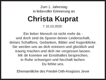 Traueranzeige von Christa Kuprat von Anzeiger für Harlingerland