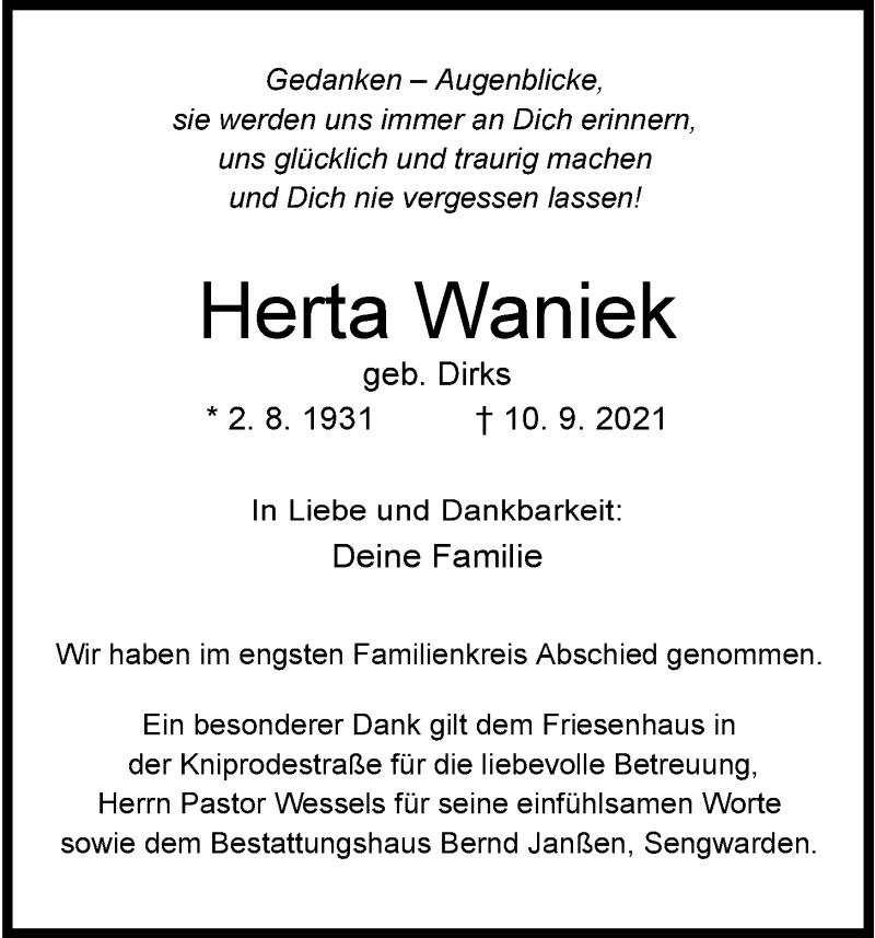  Traueranzeige für Herta Waniek vom 09.10.2021 aus Wilhelmshavener Zeitung