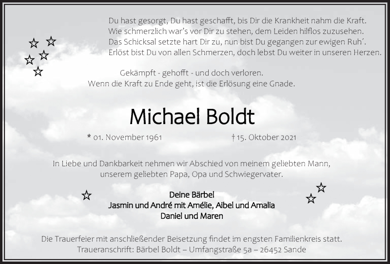  Traueranzeige für Michael Boldt vom 23.10.2021 aus Wilhelmshavener Zeitung