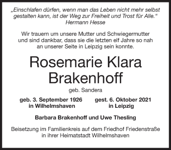 Traueranzeige von Rosemarie Brakenhoff von Wilhelmshavener Zeitung