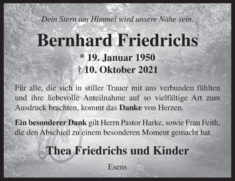  Traueranzeige für Bernhard Friedrichs vom 20.11.2021 aus Anzeiger für Harlingerland