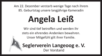 Traueranzeige von Angela Leiß von Anzeiger für Harlingerland