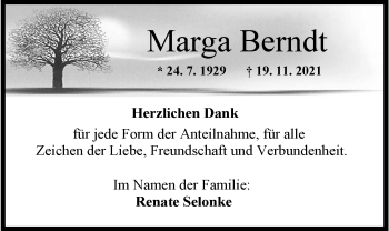 Traueranzeige von Marga Berndt von Wilhelmshavener Zeitung