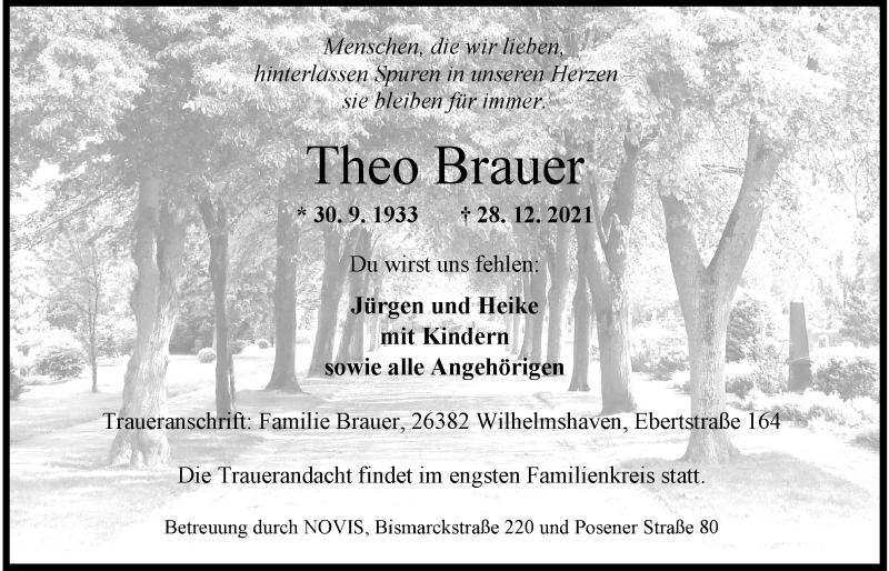  Traueranzeige für Theo Brauer vom 31.12.2021 aus Wilhelmshavener Zeitung