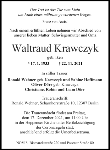 Traueranzeige von Waltraud Krawczyk von Wilhelmshavener Zeitung