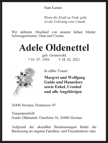 Traueranzeige von Adele Oldenettel von Anzeiger für Harlingerland