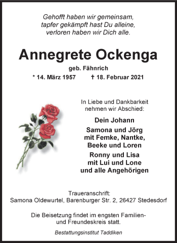 Traueranzeige von Annegrete Ockenga von Anzeiger für Harlingerland