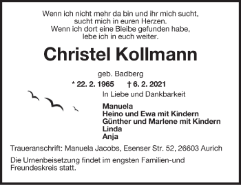 Traueranzeige von Christel Kollmann von Anzeiger für Harlingerland