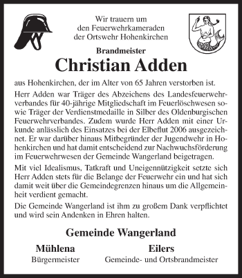 Traueranzeige von Christian Adden von Anzeiger für Harlingerland