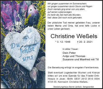 Traueranzeige von Christine Weßels von Wilhelmshavener Zeitung