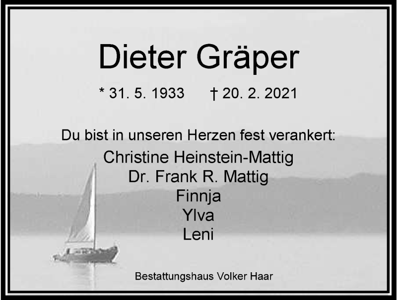  Traueranzeige für Dieter Gräper vom 27.02.2021 aus Wilhelmshavener Zeitung