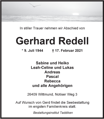 Traueranzeige von Gerhard Redell von Anzeiger für Harlingerland