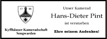 Traueranzeige von Hans-Dieter Pint von Wilhelmshavener Zeitung