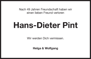 Traueranzeige von Hans-Dieter Pint von Wilhelmshavener Zeitung