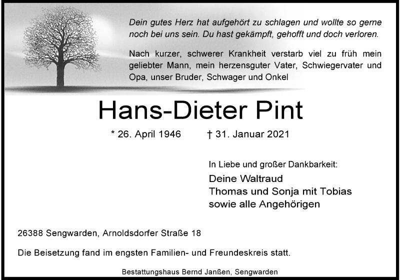  Traueranzeige für Hans-Dieter Pint vom 06.02.2021 aus Wilhelmshavener Zeitung