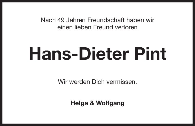  Traueranzeige für Hans-Dieter Pint vom 06.02.2021 aus Wilhelmshavener Zeitung