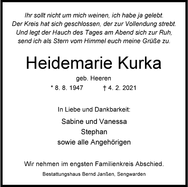  Traueranzeige für Heidemarie Kurka vom 13.02.2021 aus Wilhelmshavener Zeitung