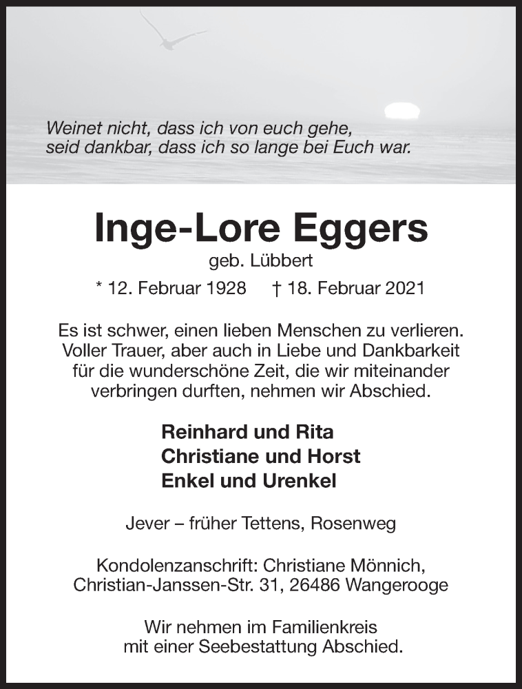  Traueranzeige für Inge-Lore Eggers vom 20.02.2021 aus Anzeiger für Harlingerland