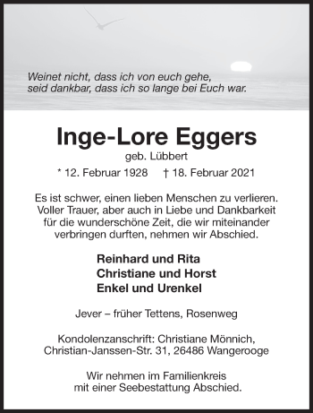 Traueranzeige von Inge-Lore Eggers von Anzeiger für Harlingerland