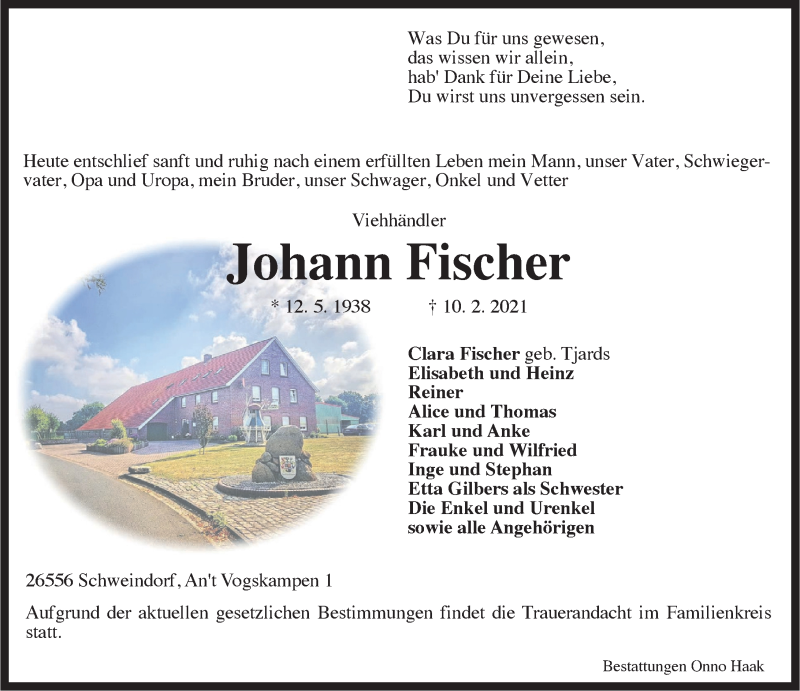  Traueranzeige für Johann Fischer vom 13.02.2021 aus Anzeiger für Harlingerland