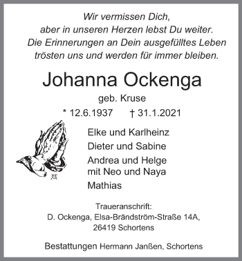 Traueranzeige von Johanna Ockenga von Wilhelmshavener Zeitung