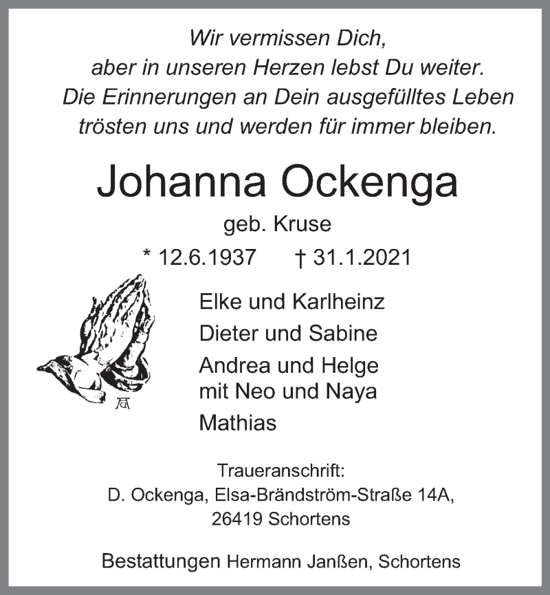  Traueranzeige für Johanna Ockenga vom 06.02.2021 aus Wilhelmshavener Zeitung