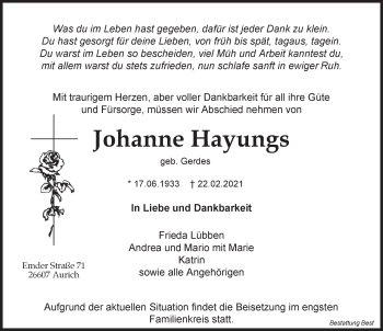 Traueranzeige von Johanne Hayungs von Anzeiger für Harlingerland