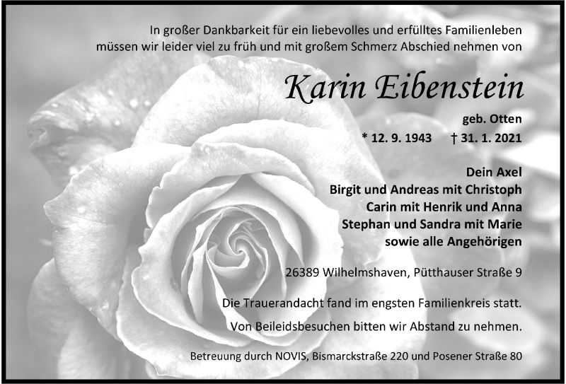  Traueranzeige für Karin Eibenstein vom 06.02.2021 aus Wilhelmshavener Zeitung