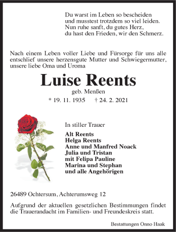 Traueranzeige von Luise Reents von Anzeiger für Harlingerland