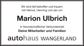 Traueranzeige von Marion Ulbrich von Anzeiger für Harlingerland