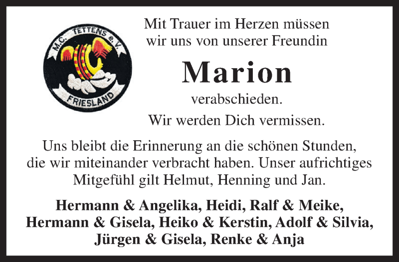  Traueranzeige für Marion Ulbrich vom 09.02.2021 aus Anzeiger für Harlingerland