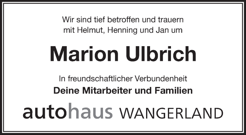  Traueranzeige für Marion Ulbrich vom 06.02.2021 aus Anzeiger für Harlingerland