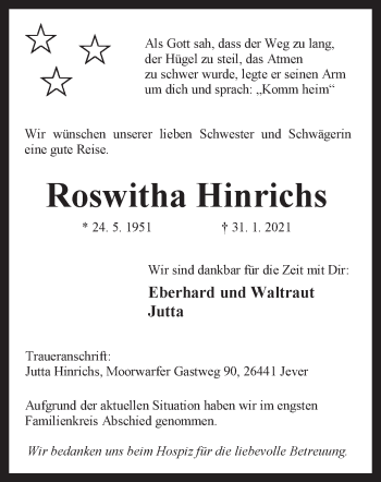 Traueranzeige von Roswitha Hinrichs von Anzeiger für Harlingerland