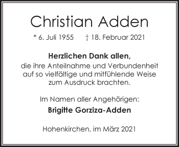 Traueranzeige von Christian Adden von Anzeiger für Harlingerland