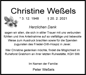 Traueranzeige von Christine Weßels von Wilhelmshavener Zeitung
